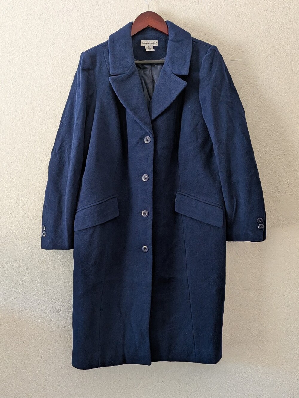 Vintage Jessica London Wool Long Trench Coat Navy Women's Size 12